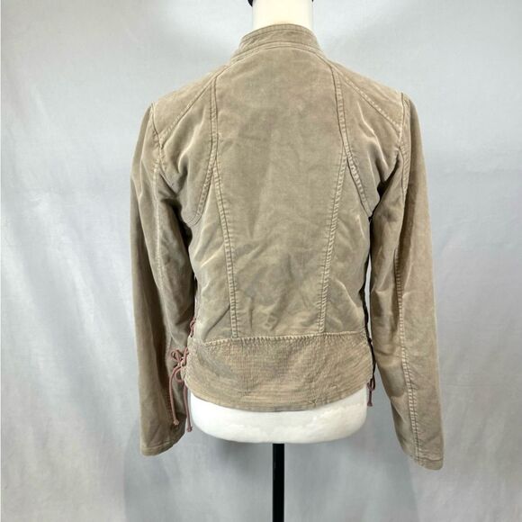 Maurice's Tan Beige Velvet Moto Bomber Jacket Laced Sides Full Zip Size Small - Picture 7 of 9